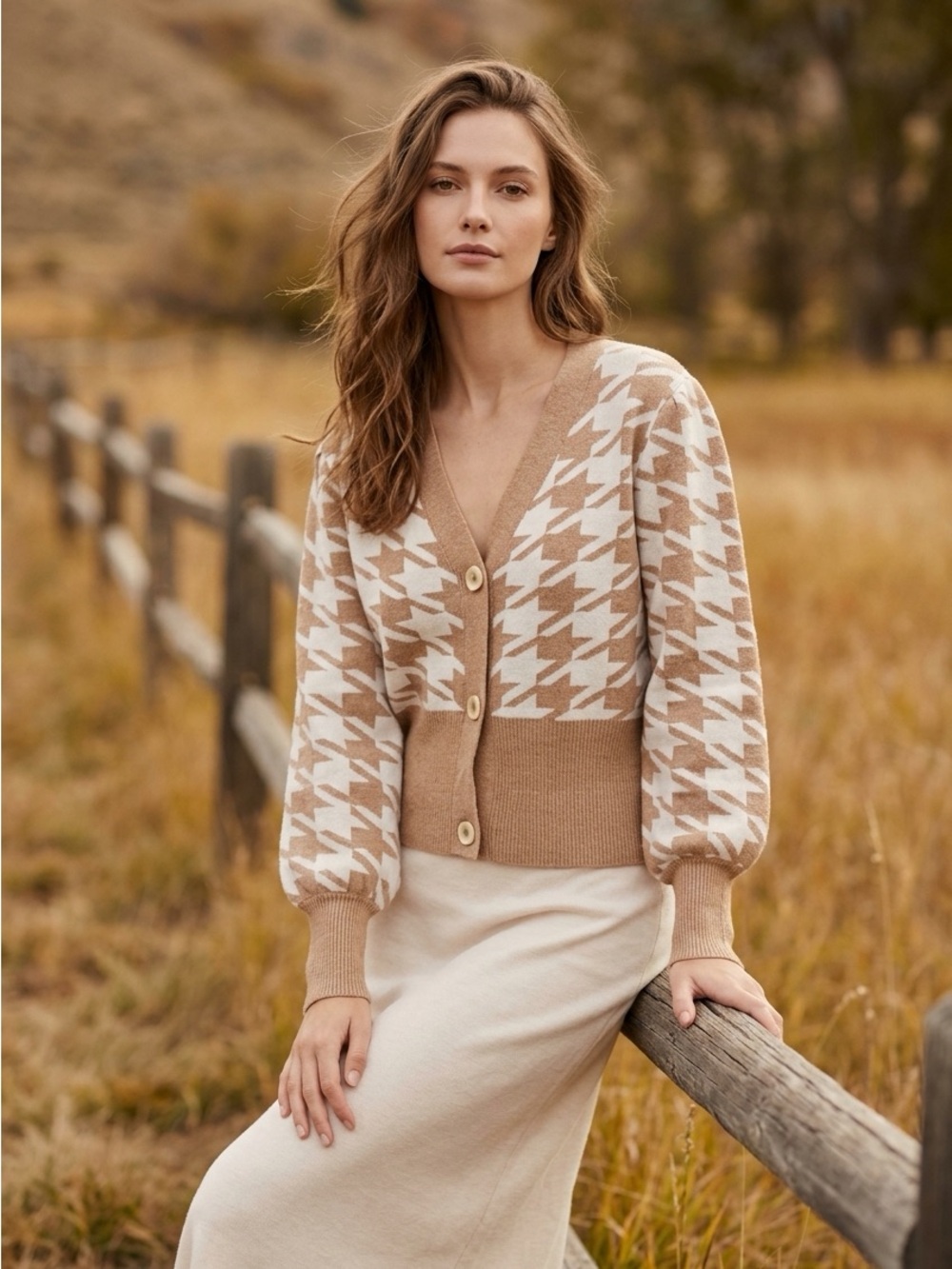 JOIE Women’s Small Tan White Houndstooth Button Up Balloon Sleeve Short Sweater